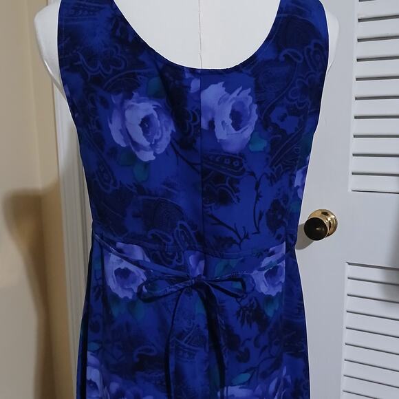 Chadwick's 4 MAXI Sleeveless FLORAL Side-Slit Blue Long Tie-Waist A-Line Dress - Picture 3 of 13